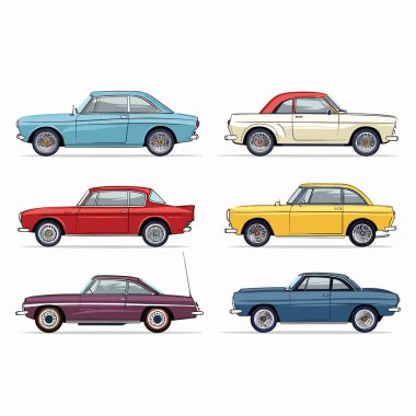 Koleksiyon altı klasik araba çeşitli renkler, yan görünüş, izole edilmiş. Antika araç seti, detaylı tasarım, beyaz retro otomobiller. Koleksiyoncular otomotiv vitrini, renkli araba çizimleri