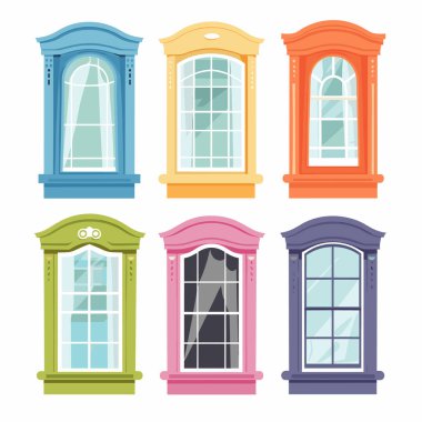 Çeşitli renkli çizgi film tarzı pencereler, mimari tasarım unsurları ayarlayın. Klasik modern pencereler, izole edilmiş beyaz arka plan, dış görünüş ayrıntıları. Parlak renkli ev dış dekorasyonu