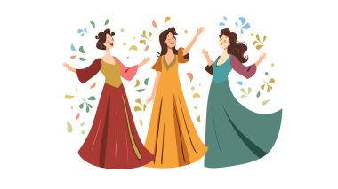 Üç kadın sevinçle kutluyor, dans ediyor, yaprakları etrafında dönüyor. Tarihsel kadın elbiseleri, eğlenceli havası, şenlikli atmosferi var. Dansçılar geleneksel elbiseler mutluluğu ifade eder, zariftir.