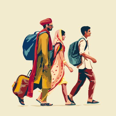 Üç Hintli yolcu yan yana yürüyor, bavullarını taşıyorlar. Erkek türbanı, güneş gözlüğü, sakal, sırt çantası, geleneksel Hint kıyafetleri sonraki kadın sarı sari, bilezik, süslü mücevherler. Genç erkek.
