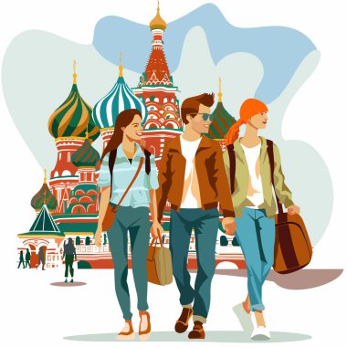 Ünlü yerleri gezen genç turistler, St. Basils Katedrali arkaplanı, gülen grup arkadaşları. Şık gezginler yürüyüş, kültürel geziler, canlı bir Moskova illüstrasyonu. Gelişigüzel
