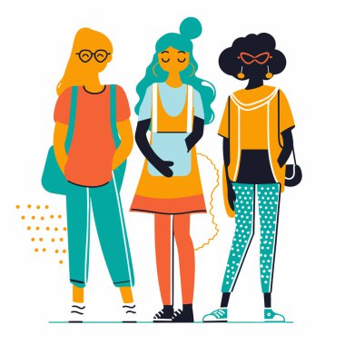 Üç farklı genç kadın yan yana duruyor, biri gözlük, diğeri mavi saç, üçüncü afro güneş gözlüğü. Moda arkadaşları gülümsüyor, günlük kıyafetler, canlı renkler, farklı etnik kökenler. Düz tasarım