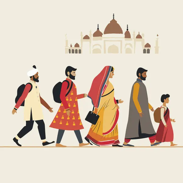 stock vector Illustration Indian family dressed traditional clothing walking together, Taj Mahal silhouette background. Men wearing kurta, woman sari, child ethnic wear, signifying Indian culture. Diverse ages