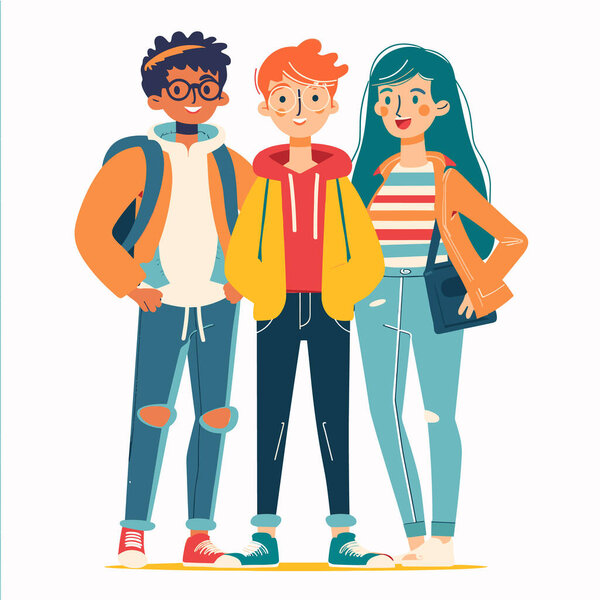 Three diverse young adults stand together, confident smiles, casual clothing, stylish eyewear. Group friends, male female, multicultural representation, modern casual fashion. Students standing