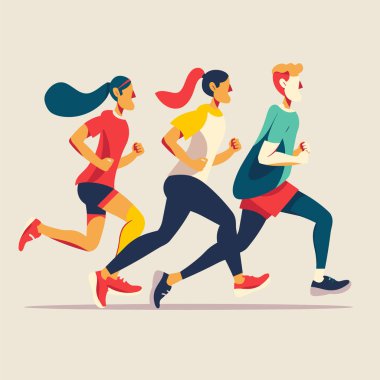 Üç koşucu spor yapıyor, fitness hareketini gösteriyor, çeşitlilik sporu gösteriyor, koşucu maraton yarışı sırasında benzersiz bir koşu sporu sergiliyor. Görüntü hareketi yakalar