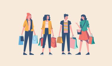 Genç yetişkinler alışveriş çılgınlığının keyfini çıkarıyorlar, gündelik giyinmişler, birden fazla çanta taşıyorlar. Alışveriş günlerinde sosyalleşen arkadaşlar, neşeli ifadeler, modern moda. Çeşitli karakterler bağlanıyor