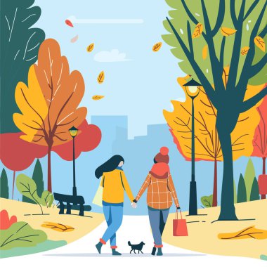 Parkta yürüyen iki kadın, sonbahar ayarı, yapraklar dökülüyor. Küçük köpek, gezen kadınlara, huzurlu atmosfere ve serin havaya eşlik ediyor. Sıradan kıyafetler giyen, dışarıda gezmekten hoşlanan karakterler.