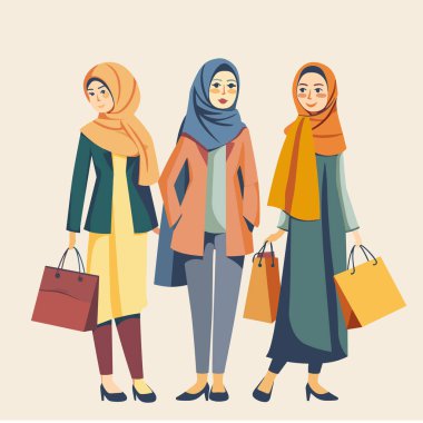 Üç Müslüman kadın alışveriş yapıyor, renkli çantalar taşıyor, şık İslami kıyafetler giyiyor. Kendine güvenen kadın müşteriler geziniyor, çeşitli türban etnik kökeni, modern mütevazı moda, şehir geçmişi