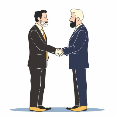 İki adamın el sıkışma anlaşması ortaklığı. Erkek profesyoneller mavi lacivert takım elbiseli sarı kravat sıkı tokalaşma ofisi. Yetişkin işadamları el sıkışırken başarı pazarlığı yapıyor.