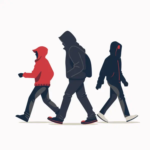 Stock vector Three sideprofile silhouetted figures walking, progressive sizes suggest family. Young child leads red hoodie, followed larger adolescent black, tallest adult grey hoodie rear. Casual attire