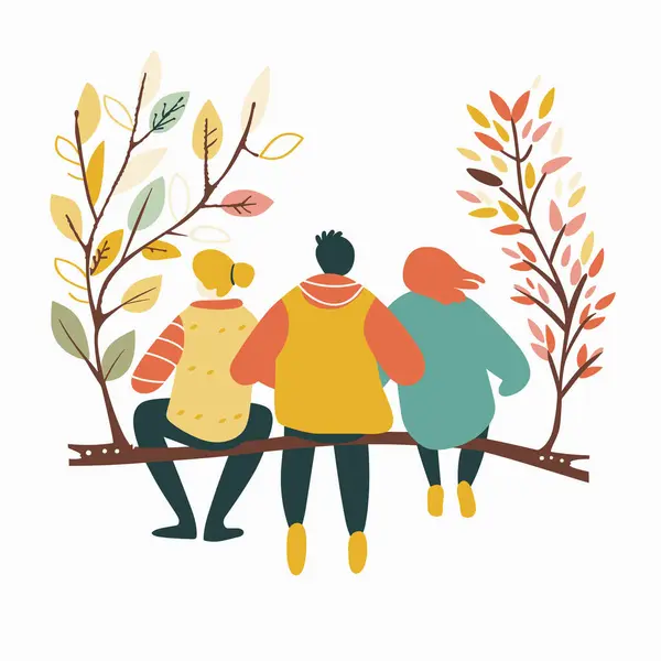 stock vector Three friends sitting branch, autumn scenery, diverse people enjoying nature together, serene friendship moment. Back view diverse ethnic group, casual clothing, illustration unity leisure outdoors