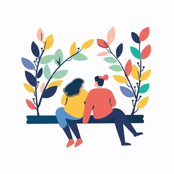 stock vector Two people sitting bench surrounded colorful leaves. Man woman enjoying nature, relaxing outdoors. Couple spending leisure time together, peaceful scene