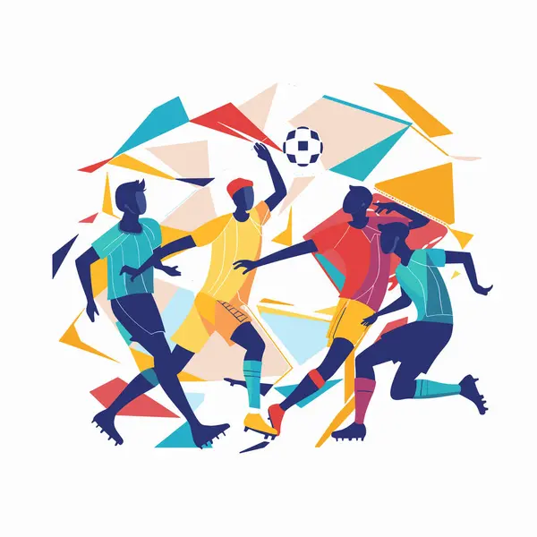 stock vector Dynamic soccer players engaged game, vibrant geometric shapes background. Male athletes playing football, colorful kits, motion representation, abstract style. Energetic sporting event, soccer match