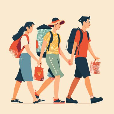 Üç genç yürüyüşçü yan yana yürüyor, sırt çantalarında macera taşıyor, gülümsüyor, birlikte gezinin keyfini çıkarıyor, arkadaşlarıyla kaynaşıyor. Grup yürüyüşü, macera, seyahat, arkadaşlık, günlük yaz kıyafetleri.