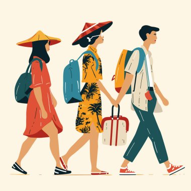 Genç gezginler yan yana yürüyor, Asyalı kadın kırmızı elbise konik, beyaz kadın sarı desenli elbise geniş desenli, genç adam valiz taşıyor, yaz tatili havasında, düz.