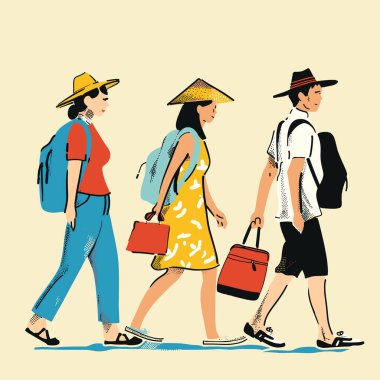 Üç kişi yan yana yürüyor, çeşitli, gündelik kıyafetler, şapkalar, çantalar, yaz havası, sıcak renkler. Yan manzara çok kültürlü, rahat, moda, sırt çantaları, hasır şapka, fötr şapka