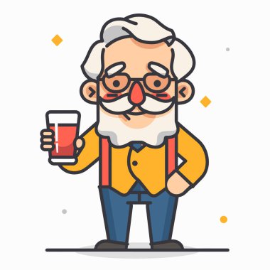 Bira bardağı sunan yaşlı çizgi film adamı, neşeli, pantolon askısı takmış gözlüklü. Kıdemli karakter elinde içecekle gülümsüyor, hipster tarzı giyiniyor. Beyaz sakallı beyefendi, gündelik moda, eğleniyor.