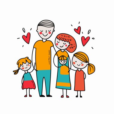 Birlikte gülümseyen mutlu aile, baba, anne, iki küçük kız çocuğu, renkli kıyafetler, yüzen kalpler, aşk, neşeli çizgi film karakterleri de dahil olmak üzere dört üye. Çizgi film ailesi yakın duruyor.