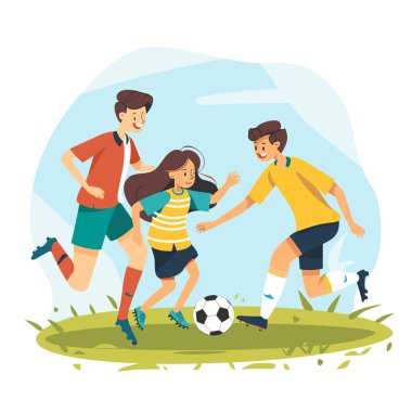 Üç çocuk dışarıda futbol oynuyor, bir kız kovalarken salya akıtıyor. Spor kıyafetler giyen çocuklar, esmer bir kız, kahverengi, futbol maçı, neşeli bir ruh hali, güneşli bir gün.