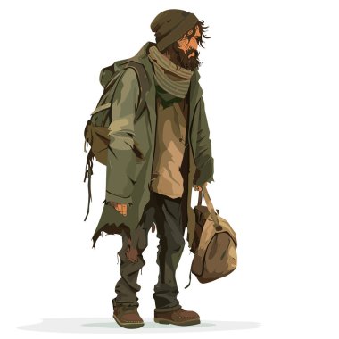 Homeless man standing alone, tattered clothes, disheveled bearded male carrying bag. Worn out boots, unshaven face, rugged look vagabond wanderer. Drifter weary expression, life poverty, struggle clipart