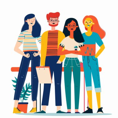 Bir arada duran genç yetişkinler, bir kitap, gülümseyen bir bardak, elinde kahve fincanı tutan üçüncü kişi. Çeşitli grup arkadaşları, günlük kıyafetler, neşeli, şık, gözlük, moda, modern gençlik