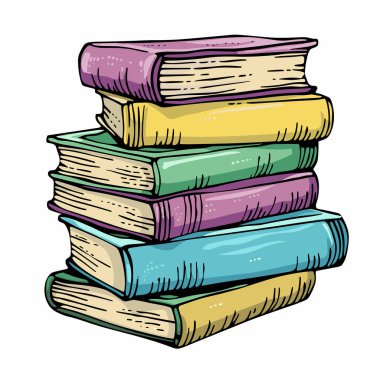 Renkli istiflenmiş kitap karikatürü, el çizimi tarzı, izole edilmiş beyaz arka plan. Yığınla mor, sarı, yeşil, mavi ciltli kitaplar, eğitim grafikleri