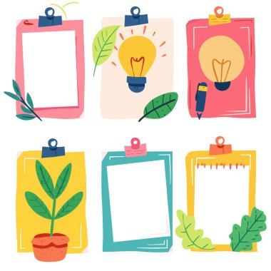 Çeşitli renkli pano çizimleri fikirlerin yaratıcılığını boş bırakır. El çizimi panolar pembe, sarı, kırmızı, ampuller, saksı, yapraklar, temiz alanlar. Çizgi film stili tasarımı