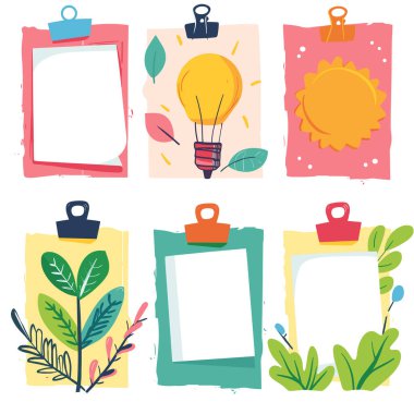 Koleksiyon renkli kağıtlar, yaratıcılık konsepti, boş uzay metni. El yapımı ampul not defteri fikri, yaratıcılığı ve ilhamı simgeler. Doğal temalı kağıt süslemeli yapraklar, sanatsal