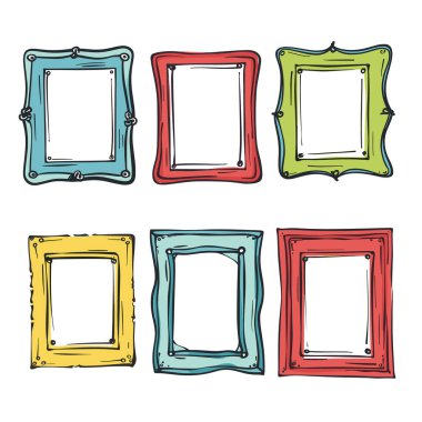 Set six colorful handdrawn picture frames. Doodle frames, various shapes, isolated white background. Cartoonstyle decorative elements gallery, memories, art clipart