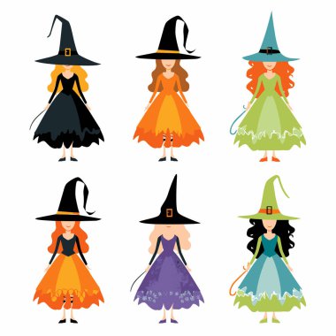 Koleksiyon altı cadı resimli, çeşitli elbise şapkaları, cadı pozları farklı, çizgi film tarzı, canlı renkler. İzole edilmiş beyaz arkaplan, sihirli kadın karakterleri ayarla