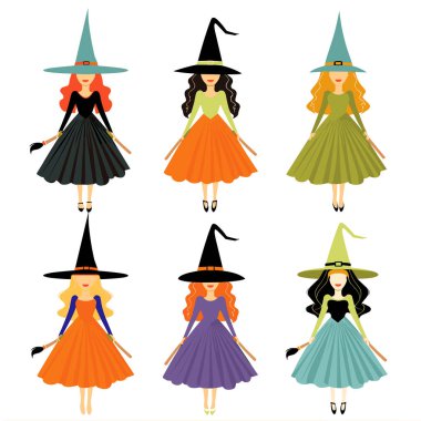 Altı çizgi film cadısı, çeşitli kıyafet renkleri, sivri şapkalar. Kadın cadılar, Cadılar Bayramı kostümleri, resimli karakterler. Cadılar farklı saç renkleri, uçan süpürgeler, izole edilmiş.