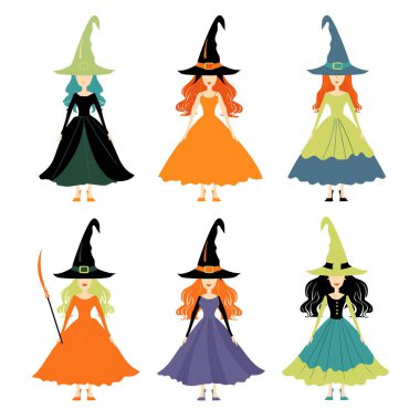 Altı cadı resimli, farklı saç renkleri, sihirli kıyafetler, sivri şapkalar. Fantezi cadılar, büyüleyici elbiseler, ayakta duran pozlar, renkli cadı kostümleri, büyüleyici karakterler. Şirin cadılar.