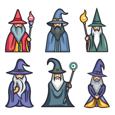 Altı büyücü renkli cübbeler giyip sihirli değnekler tutan sivri şapkalar takıyor. Çizgi film büyücüleri uzun sakallılar, mistik kıyafetler, büyü güçleri. Fantezi karakterleri sihirbazları, büyücüleri ayarlar