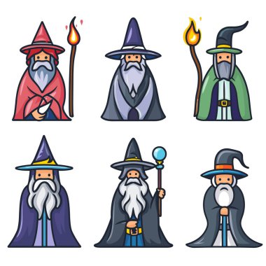 Altı çizgi film sihirbazı renkli cübbe şapkaları sihirli asalar. Ayakta duran çeşitli sihirbaz karakterleri, sakin yüzler, uzun sakallar, mistik kıyafetler. Sihirbazlar fantezi temalı karakter tasarımı seti