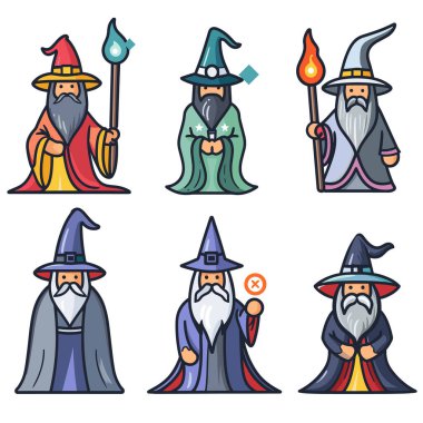 Altı çizgi film sihirbazı renkli cübbe şapkalar takıyor, asaları sihirli semboller taşıyor, sihirbazın kendine has sakal pelerini var, eşsiz sihirli bir karakter tasvir ediyor. Canlı renkler, dostane görünüş, uygun.