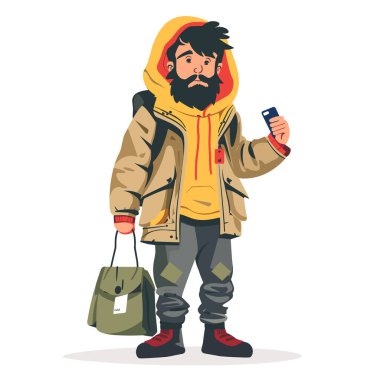 Sakallı adam elinde akıllı telefon yeşil çantası, sarı kapüşonlu ceket, gri pantolon, kırmızı spor ayakkabı, siyah sırt çantası ile ayakta duruyor. Erkek gezgin telefon ekranına bakar, kafası karışmış gibi, belki de arıyordur.