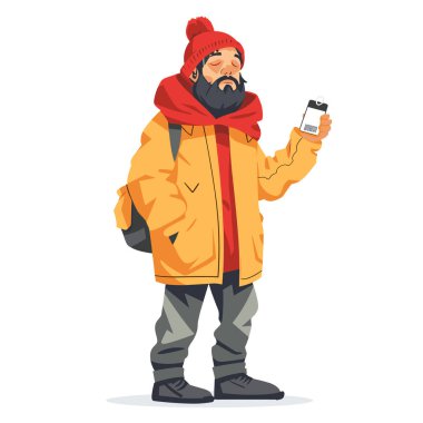 Adam akıllı telefonu kontrol ediyor, sinyali kaybediyor, kışlık kıyafetler, hayal kırıklığına uğramış ifade, soğuk hava kıyafetleri. Çizgi film erkeği, sakal, kırmızı bere, sarı ceket, açık hava teknik kullanımı, kopuk cihaz sorunu