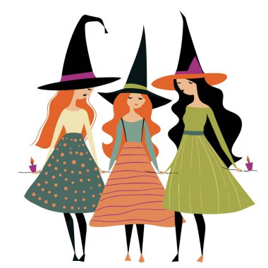 Üç şık cadı el ele tutuşuyor, canlı Cadılar Bayramı kostümleri, şenlikli kutlamalar. Genç cadılar sivri şapkalar, çizgili çoraplar, şık elbiseler, tuhaf cadılar bayramı buluşmaları. Büyüleyici.