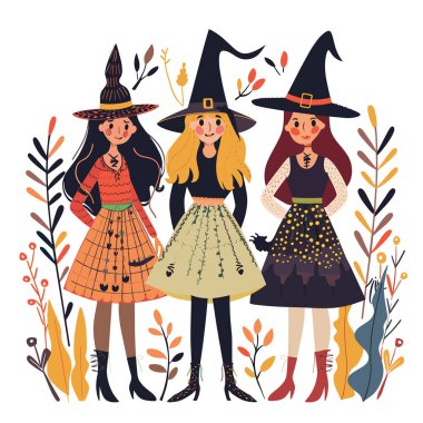 Üç cadı renkli kıyafetler giyip sonbahar yeşilliklerinin etrafını sarmışlar. Cadı benzersiz, neşeli şapka takıyor. Tuhaf halk sanatı tarzı Cadılar Bayramı kutlaması, soyutlanmış beyaz arka plan