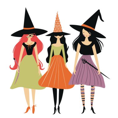 Üç stilize kadın cadı renkli elbiseler sivri şapkalar. Karakterlerde bir kızıl saç, bir gizli yüz, bir çizgili çorap bulunur. Şenlikli Cadılar Bayramı cadıları modern moda.