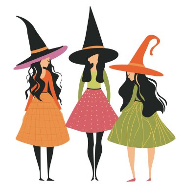 Üç cadı renkli elbise şapkaları, Cadılar Bayramı teması, kadın karakterler festival kostümleri. Grup cadı arkadaşları, Cadılar Bayramı kutlaması, çizgi film tarzı, soyutlanmış beyaz arka plan. Cadıların tarzı