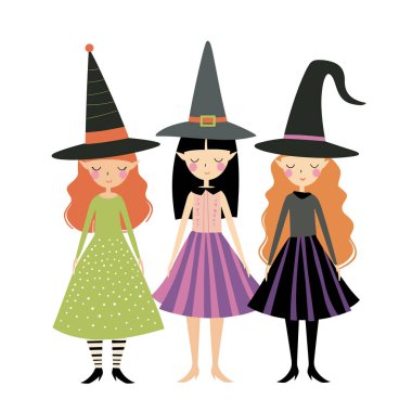 Renkli elbiseler giyen üç genç cadı yan yana duran şapkalar takıyordu. Kızıl saçlı, esmer, sarışın cadılar çizgi film karakterleri Cadılar Bayramı 'nı kutluyor. Sevimli, dost canlısı cadı çizimleri çocuklar.