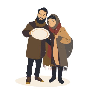 Homeless couple seeking help, holding empty plate, enduring winters chill. Man beard brown coat woman scarf sad expressions poverty illustration. Destitute pair experiences hardship, snowy season clipart