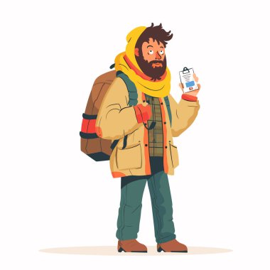 Erkek karikatür gezgini haritası, kaybolmuş gezgin görünüşlü seyahat rehberi, yön arayan şaşkın gezgin. Sakallı kaşif ağır sırt çantası, kışlık giysiler, botlar, arama rotası, açık hava macerası.