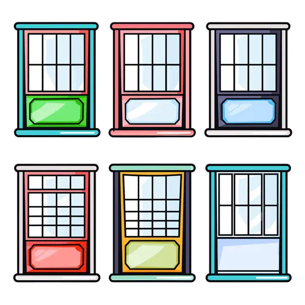 stock vector Six colorful cartoon windows arranged two rows three, window features distinct color frame, clear panes, sill. Cartoon home windows, array showcasing different color schemes, isolated white