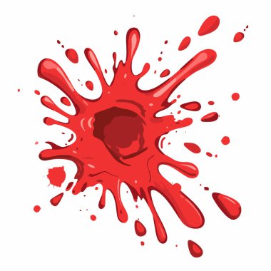 Arkaplana sıçrayan kan boyasını andıran parlak kırmızı sıçrama. Renk sıçraması, şiddetli etki boyama aktivitesi olduğunu gösteriyor. Grafik kırmızı leke damlacıkları fırlatma deseni