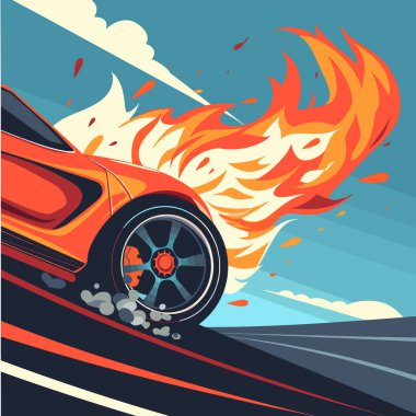 Orange sports car speed flames trailing fast drive dynamic design blue sky clouds. Racing vehicle burning fire motion concept graphic vibrant colors speed road. Exotic automobile fiery tail clipart