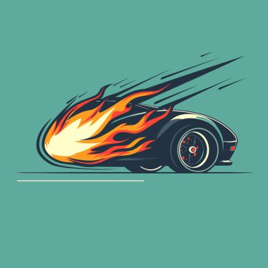Hızla giden siyah spor araba turuncu sarı alevleri kapladı. Saldırgan alev dizaynı yüksek hız, güç ve enerjiyi işaret ediyor. Eski tarz çizimler araba yangınının hızlı hareket ettiğini gösteriyor