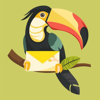 Toucan 'ın elinde yeşilimsi bir zarf var. Karikatür Toucan postacı, canlı renkler. Tropikal kuş, renkli gaga, teslimat mektubu, stilize illüstrasyon