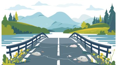 Sakin nehir manzaralı tahta köprü uzak dağlar. Huzurlu doğa ve açık gökyüzü içeren manzaralı manzara vektörü çizimi. Düz tasarım doğa sahnesi, vektör sanatı, havalı tonlar